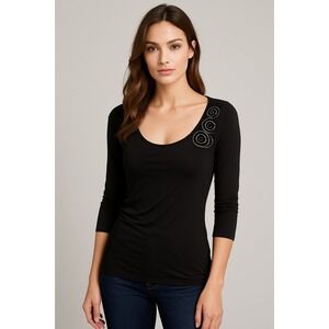 Vintage Cache Top Womens S Black Draped Scoop Neck Y2K Preppy Mesh Zipper Detail